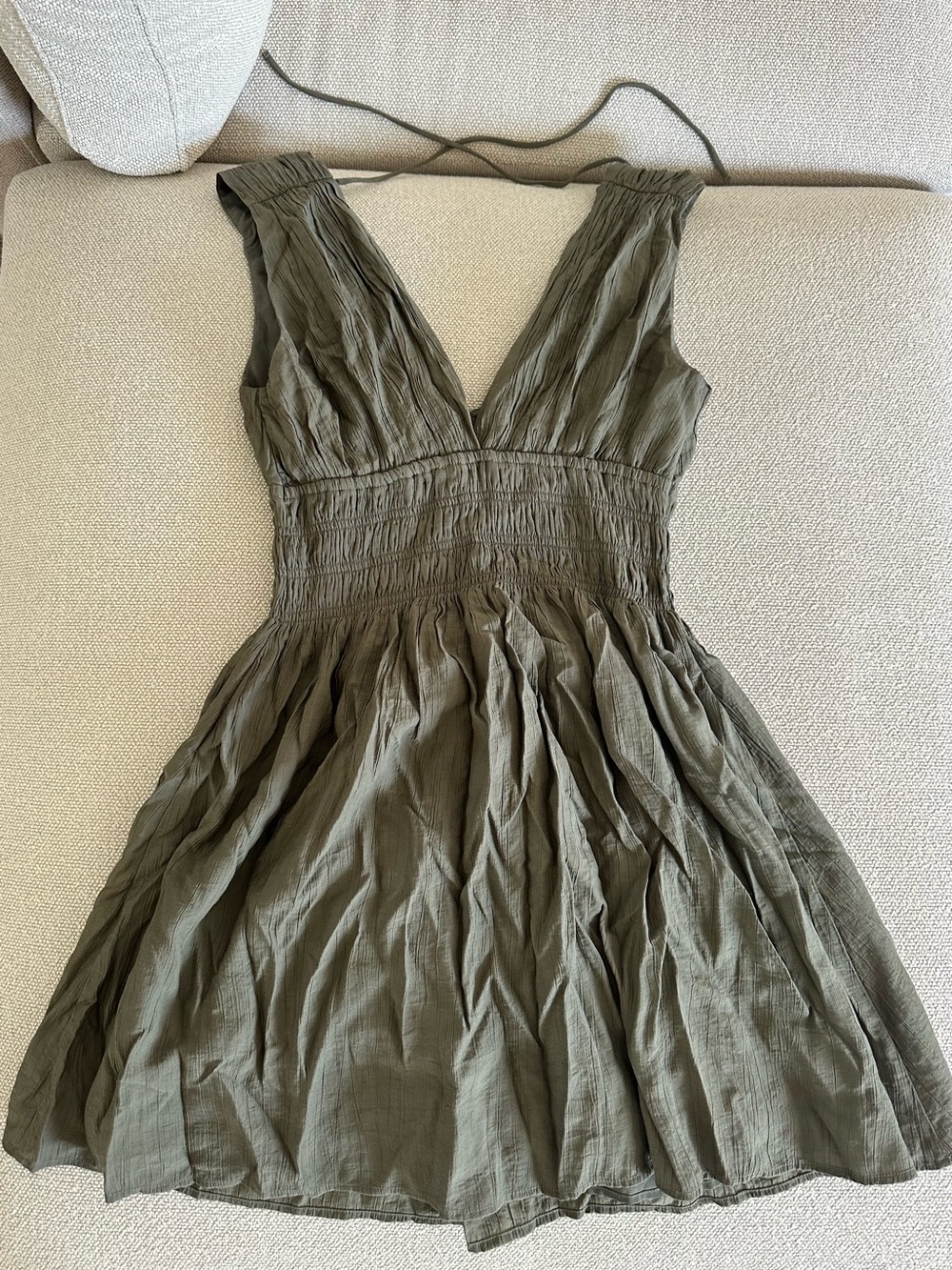 Abercrombie & Fitch Olive Green V-Neck Smocked Mini Dress